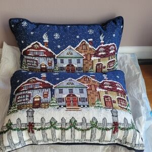 Two Christmas-Themed Tapestry Pillows Snowy Landscape Rectangle Blue Houses VTG